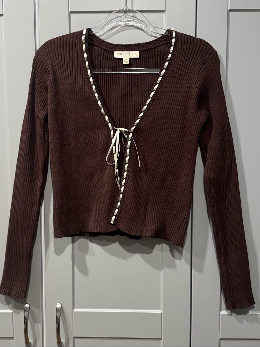 Striped-Trim Ribbed Tie-Front Cardigan in Dark Brown
